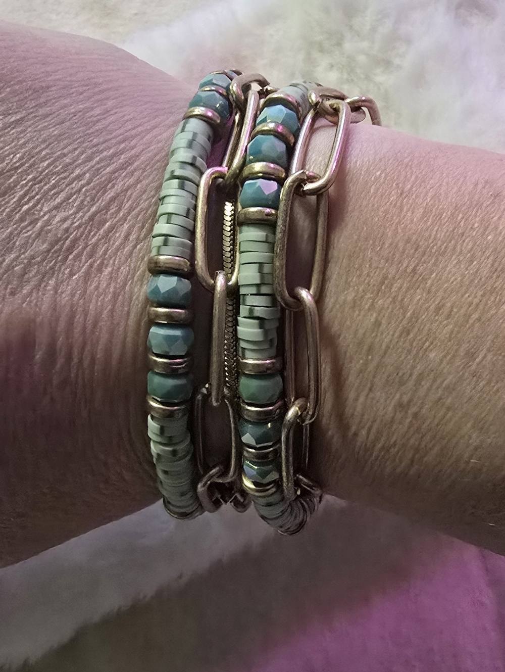 Gold and Mint Beaded Multi-Row Bracelet